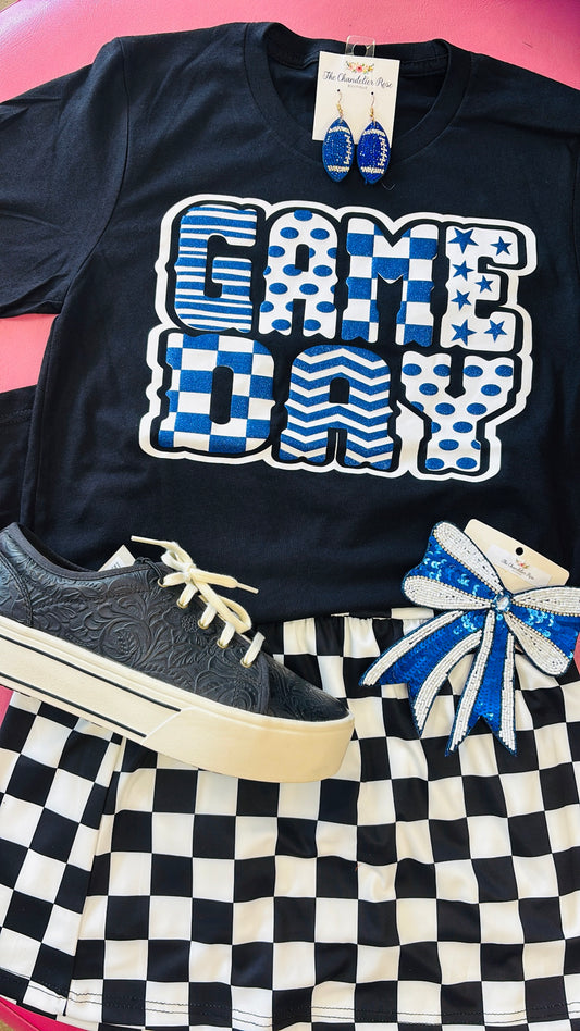 FUNKY GAME DAY ROYAL BLUE GLITTER PUFF TEE - BLACK