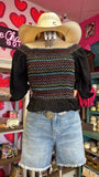 PUFF EMBRODIERY SLEEVE SMOCKED BODICE TOP - BLACK