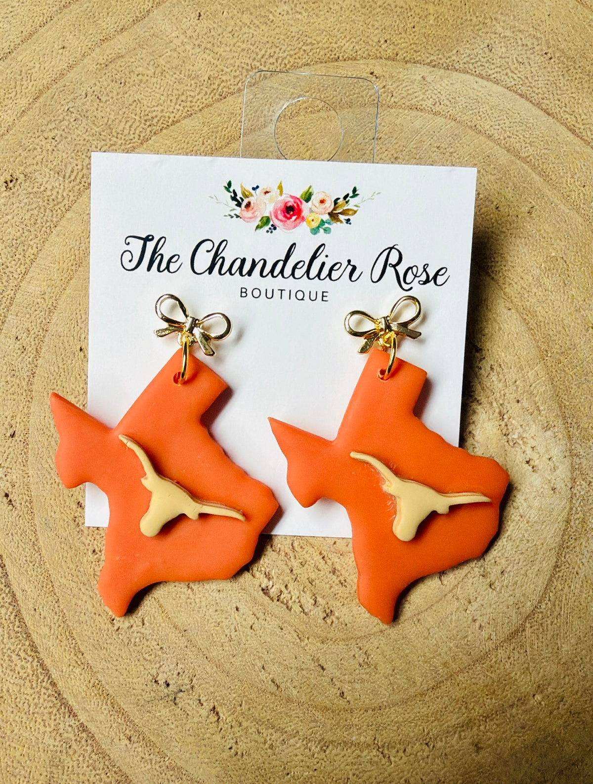 Texas Earrings with Dark Tan Longhorn with Silver Bow