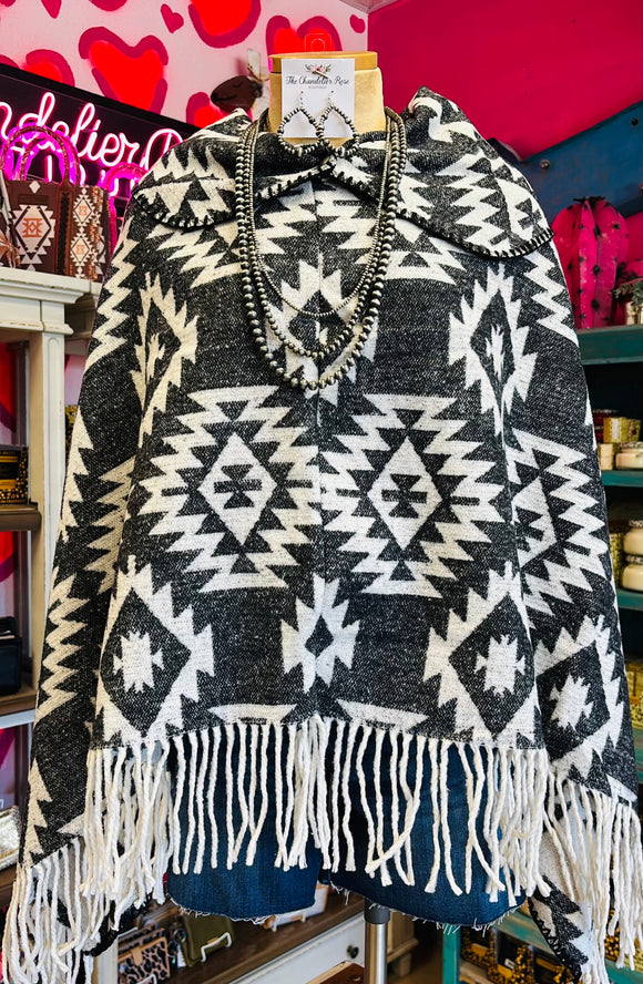 AZTEC FRINGE PATTERN BLACK PONCHO