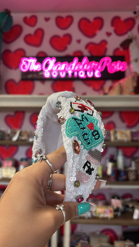 Nurse Themed Jeweled Top Knotted Headband - White