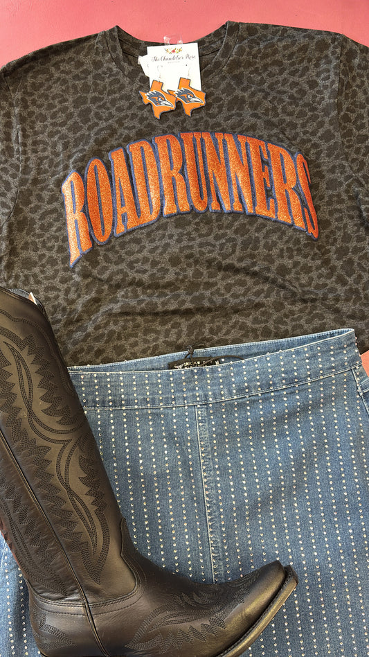 ROADRUNNERS BLACK LEOPARD TEE - BLUE AND ORANGE PUFF GLITTER
