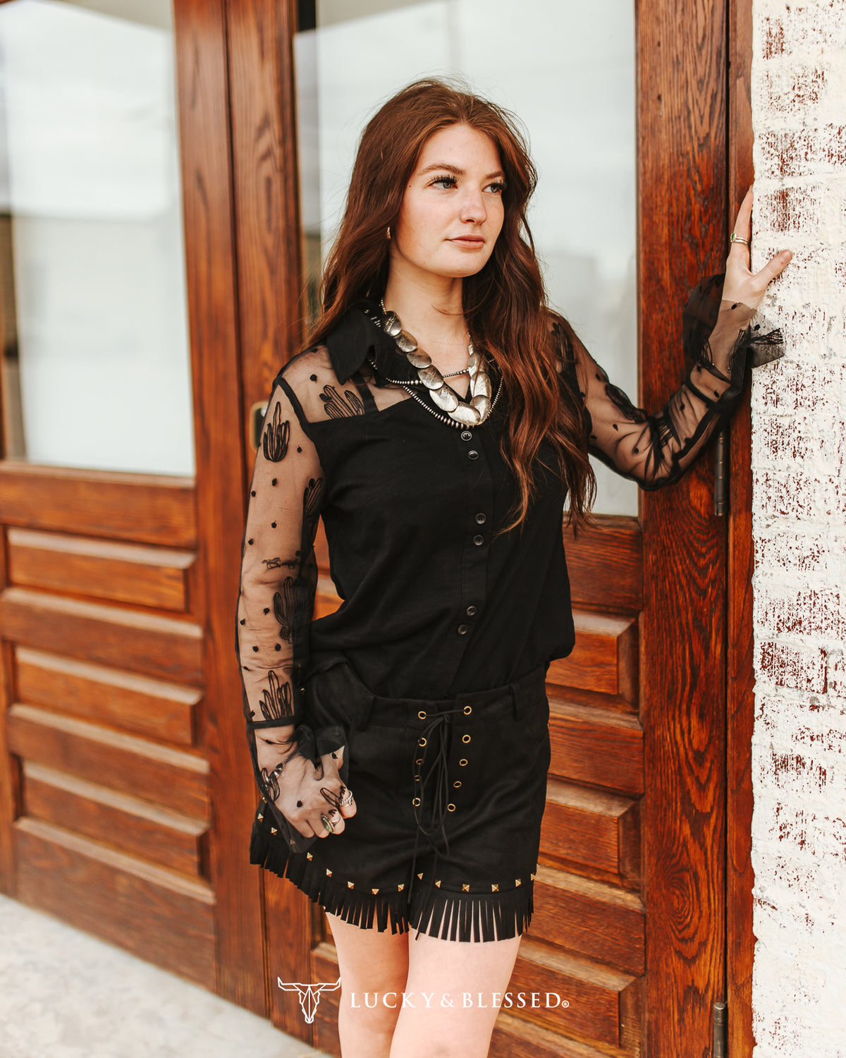 BLACK WESTERN YOKE BUTTON DOWN CACTUS EMBROIDERED MESH SLEEVES TOP