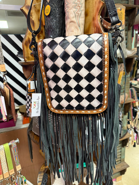 CHECKERED TOOLED LEATHER FRINGE CROSSBODY