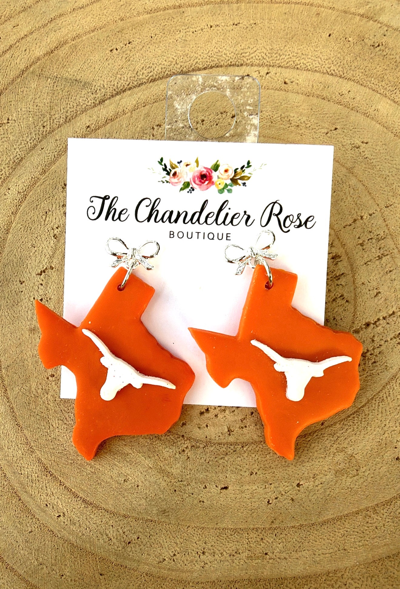 Burnt Orange Texas Longhorns with Silver Bow Earrings