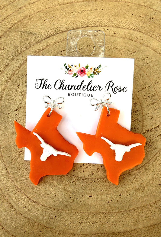 Burnt Orange Texas Longhorns with Silver Bow Earrings