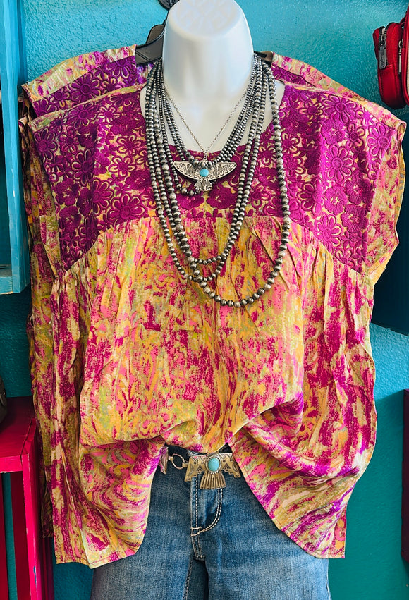 ROUND NECKLINE FLUTTER WOVEN EMBROIDERY TOP - MAGENTA MULTI COLOR