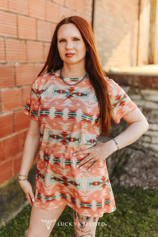 MULTI AZTEC PRINTED SHORT SLEEVE ROUND NECK DRESS