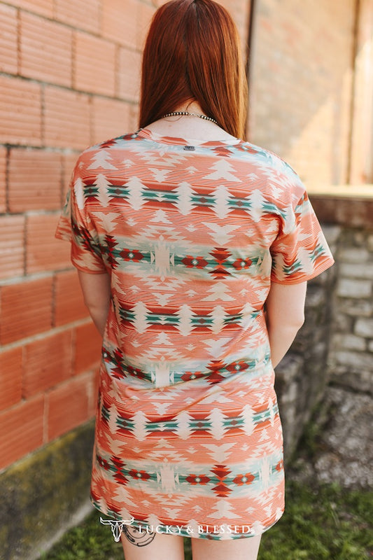 MULTI AZTEC PRINTED SHORT SLEEVE ROUND NECK DRESS