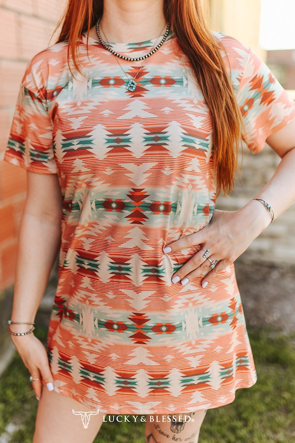 MULTI AZTEC PRINTED SHORT SLEEVE ROUND NECK DRESS