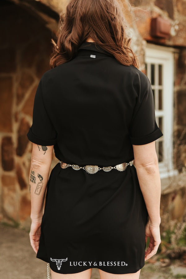 BLACK BUTTON DOWN SHORT SLEEVE CONCHO BUTTON DOWN DRESS – The Chandelier Rose Boutique