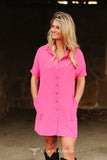 HOT PINK BUTTON DOWN SHORT SLEEVE CONCHO BUTTON DOWN DRESS