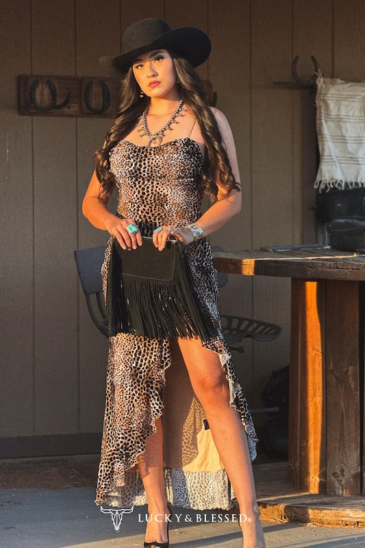 LEOPARD STRAP RUFFLE TIER SLIT DRESS W BURNOUT MESH LINED