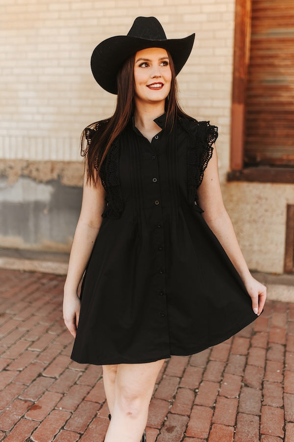BLACK CROCHET RUFFLE SLEEVELESS BUTTON DOWN DRESS