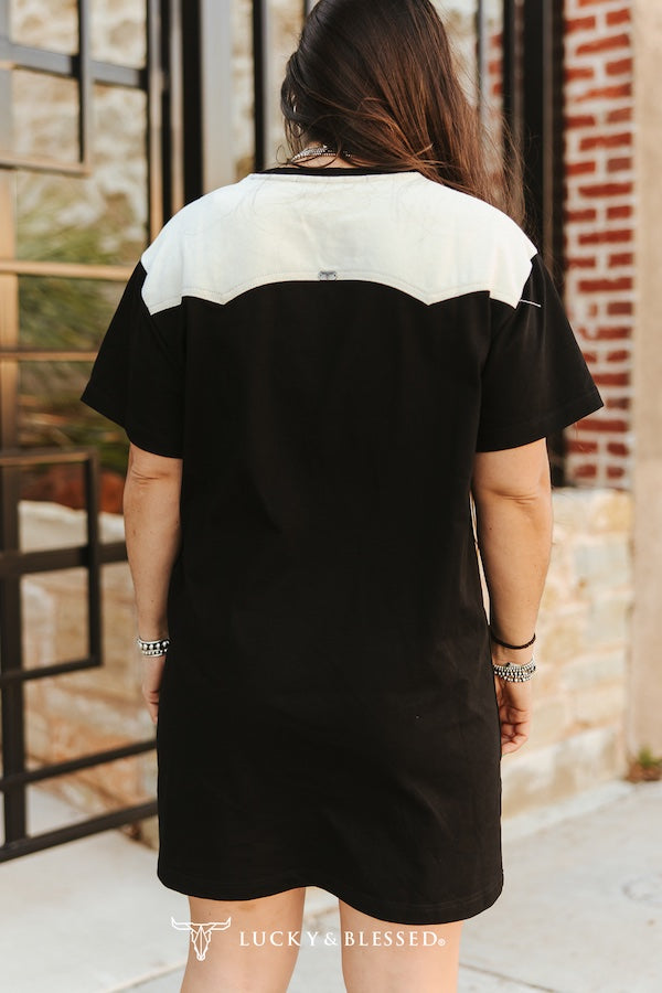 BLACK RODEO SHOW EMBROIDERED & PRINTED CREAM WESTERN YOKE SHORT SLEEVE T-SHIRT DRESS