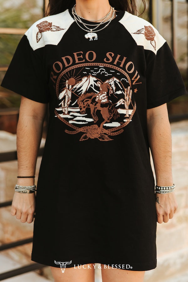BLACK RODEO SHOW EMBROIDERED & PRINTED CREAM WESTERN YOKE SHORT SLEEVE T-SHIRT DRESS