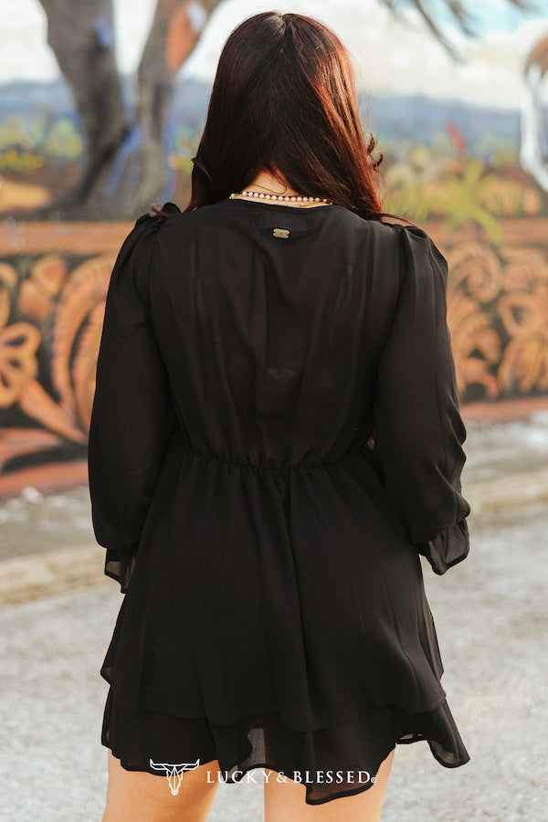 BLACK FLOWY LAYERED RUFFLE CHIFFON LINED DRESS