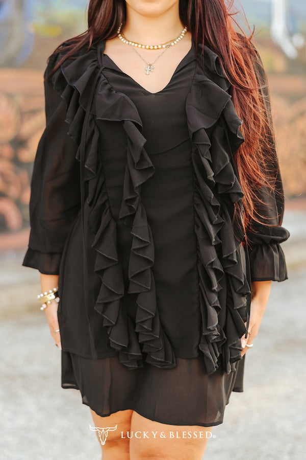 BLACK FLOWY LAYERED RUFFLE CHIFFON LINED DRESS