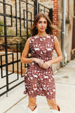 BROWN RED HORSE SADDLE PRINTED OPEN TIE BACK SLEEVELESS DRESS