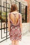 BROWN RED HORSE SADDLE PRINTED OPEN TIE BACK SLEEVELESS DRESS