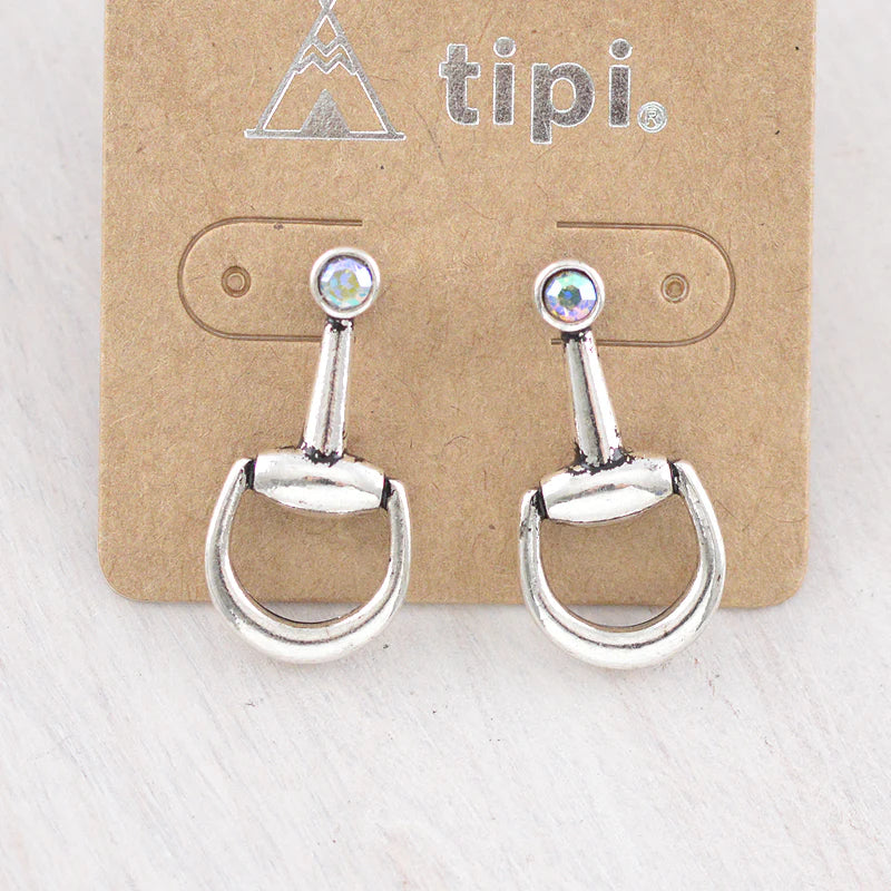 WESTERN AB STONE SILVER HORSE BIT EARRINGS