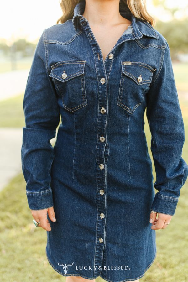 CLASSIC WESTERN BUTTON DOWN LONG SLEEVE DENIM DRESS