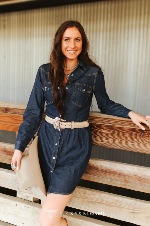 CLASSIC WESTERN BUTTON DOWN LONG SLEEVE DENIM DRESS