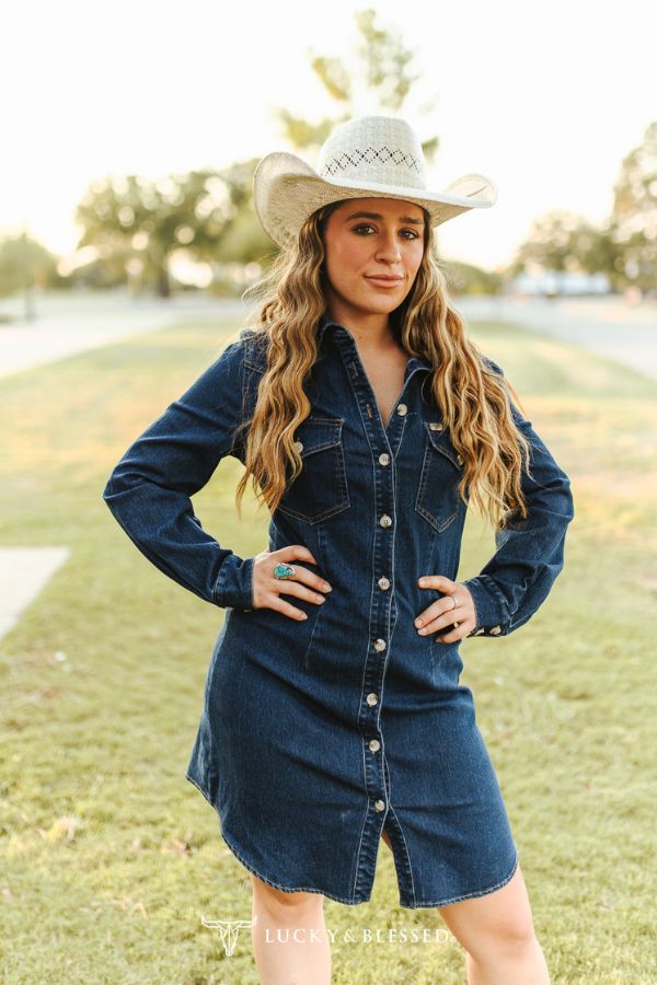 CLASSIC WESTERN BUTTON DOWN LONG SLEEVE DENIM DRESS
