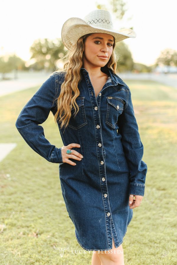 CLASSIC WESTERN BUTTON DOWN LONG SLEEVE DENIM DRESS