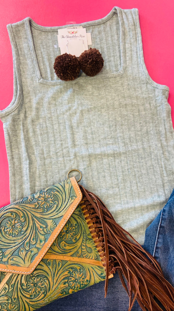 RIBBED SQUARE NECK SLEEVELESS TOP - HUNTER GREEN