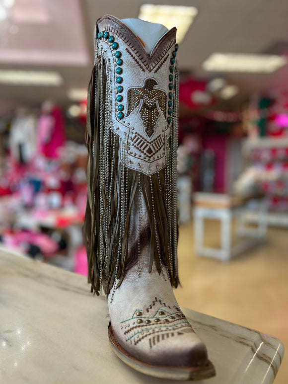 CORRAL WOMEN'S BEIGE EMBROIDERY AND CRYSTALS EAGLE FRINGE WESTERN BOOTS - C4088