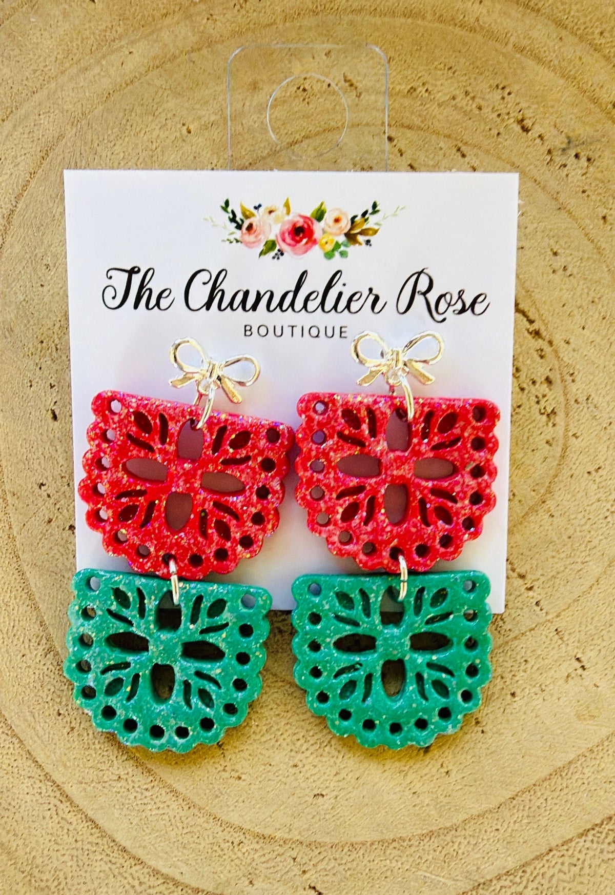 Red and Green 2 Tier Papel Picado Silver Bow Earrings