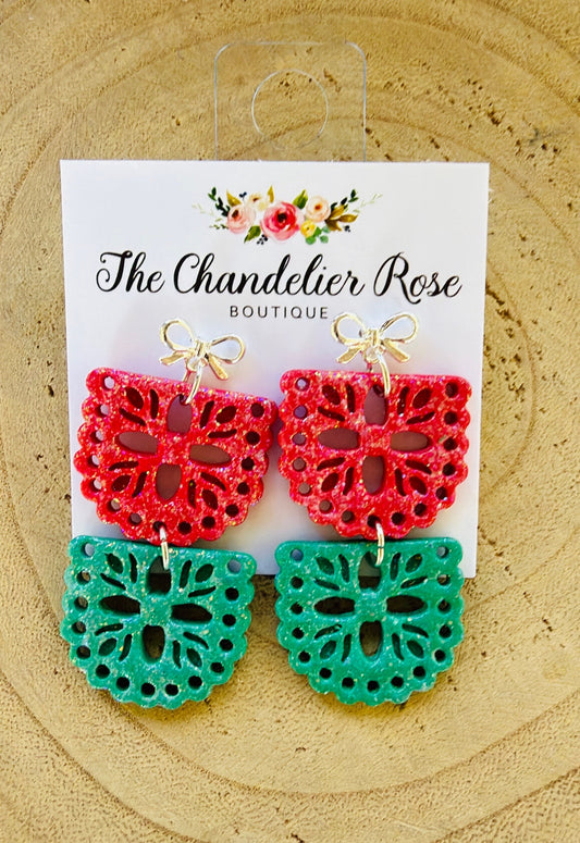 Red and Green 2 Tier Papel Picado Silver Bow Earrings