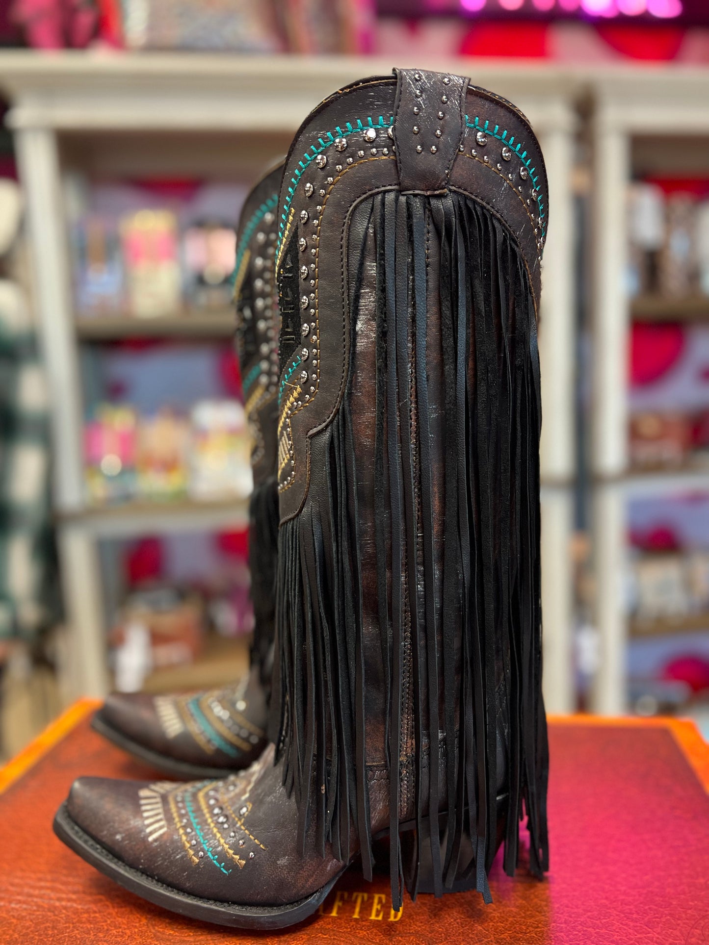 CORRAL WOMEN'S BLACK EMBROIDERY, CRYSTALS AND LAMB FRINGE WESTERN BOOTS - C4078