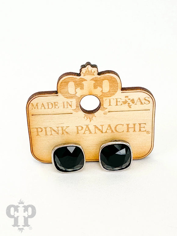 PINK PANACHE 12MM BLACK STONE SILVER STUD EARRING - 8SBL