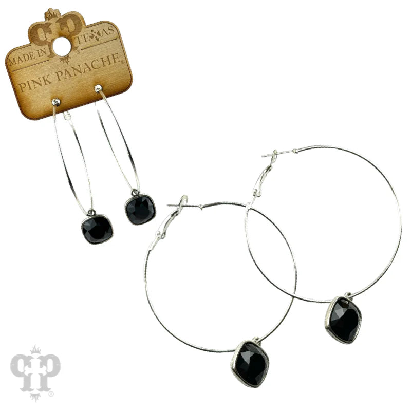 PINK PANACHE SILVER LARGE OVAL 12MM BLACK CRYSTAL EARRINGS - E482SBL