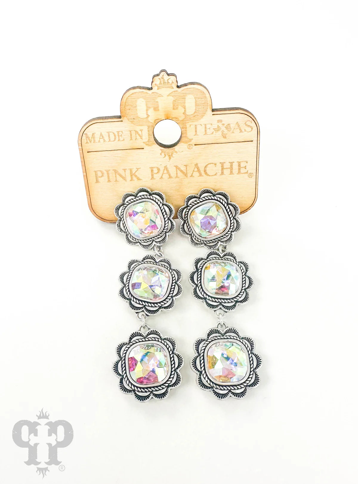 PINK PANACHE RUFFLE EDGE SILVER AB STONE TRIPLE DROP EARRINGS - E634SAB