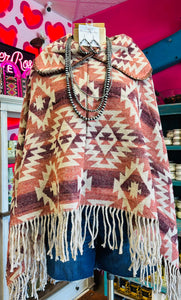 AZTEC FRINGE PATTERN RED MULTI PONCHO