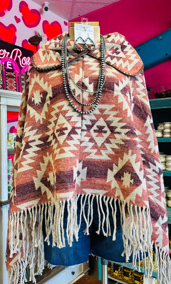 AZTEC FRINGE PATTERN RED MULTI PONCHO