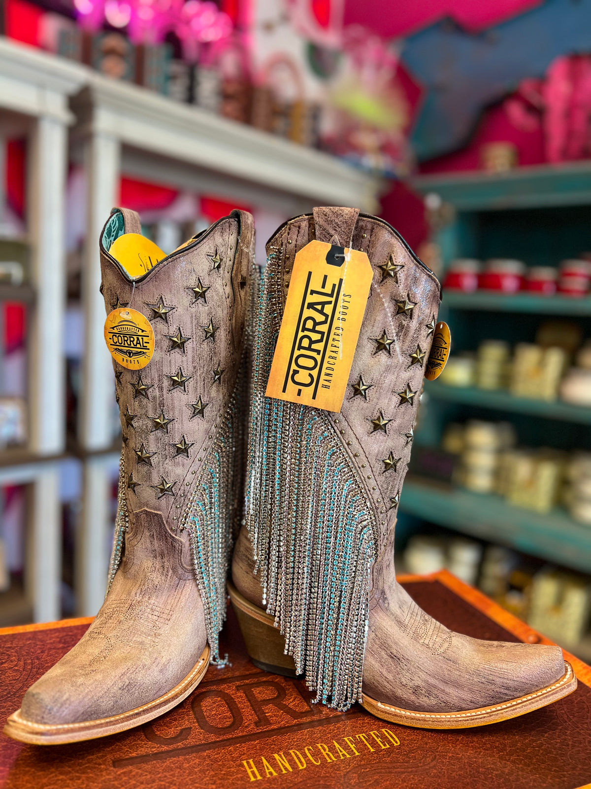 CORRAL WOMEN'S BROWN EMBROIDERY & STAR STUD FRINGE WESTERN BOOTS - A4625