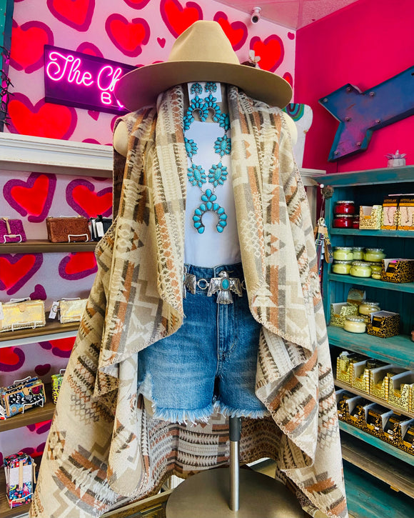 Aztec Southwestern Print Blanket Poncho Open Vest Women - Cream MIX