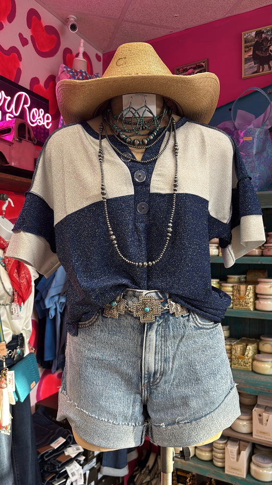 GAME DAY SHIMMERY TOP WITH ACCENT BUTTONS - NAVY BLUE
