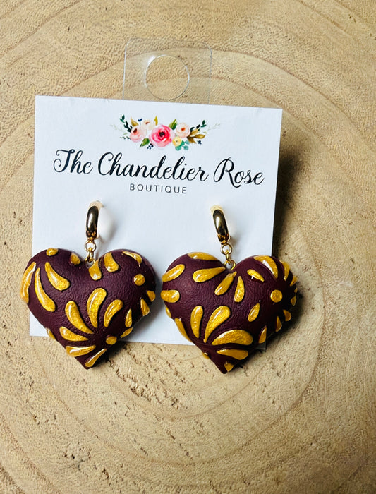 Maroon & Gold Heart Earrings
