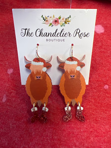 CHRISTMAS DANGLE HIGHLAND COW DROP EARRINGS