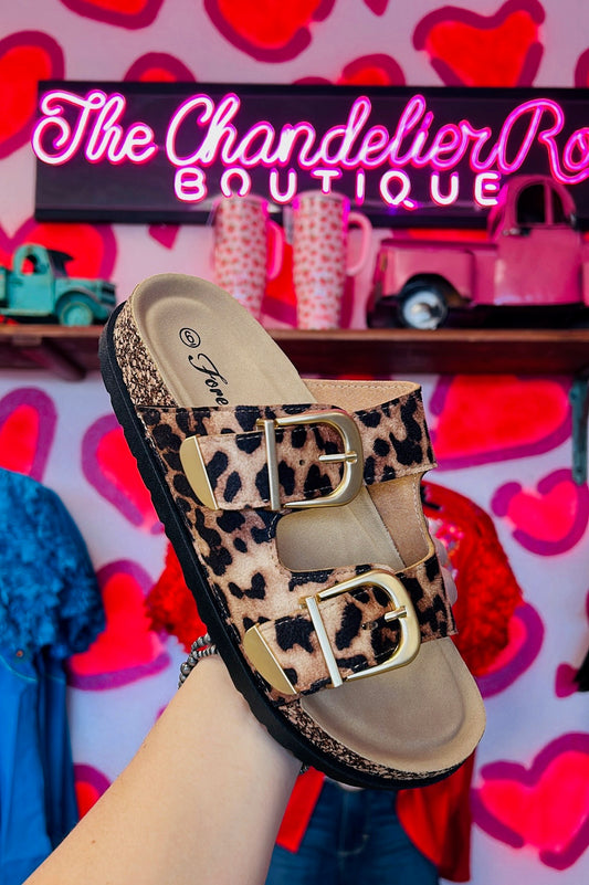 LEOPARD DOUBLE STRAP CORK SANDALS