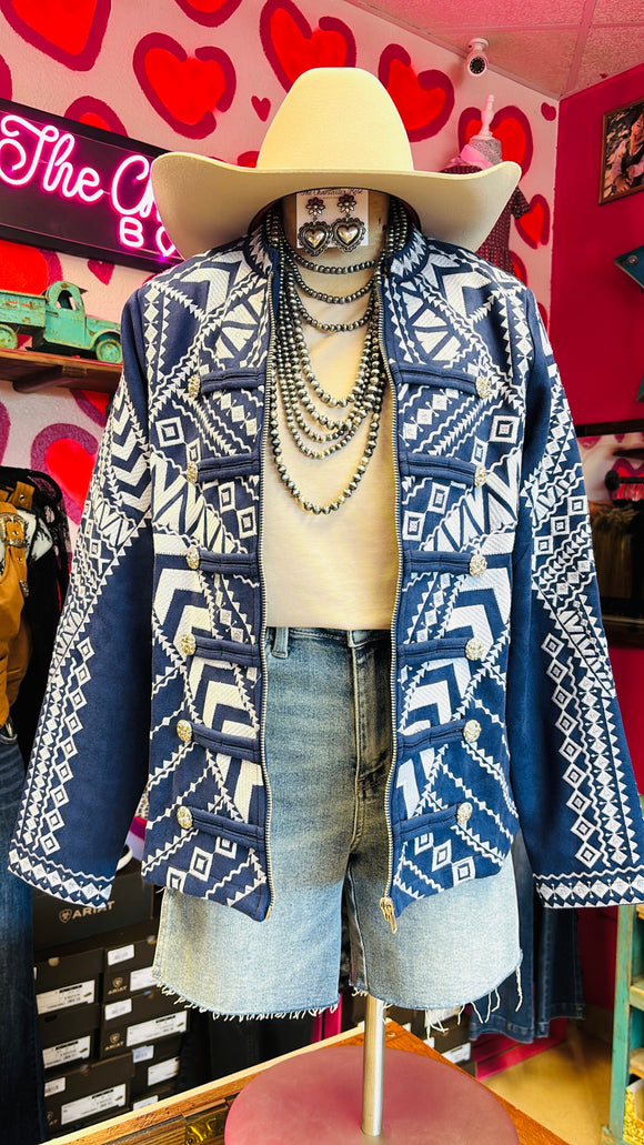 EMBROIDERED SUEDE JACKET - NAVY