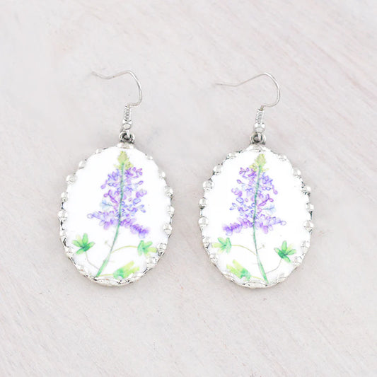 BLUE BONNET OVAL SILVER HOOK EARRINGS