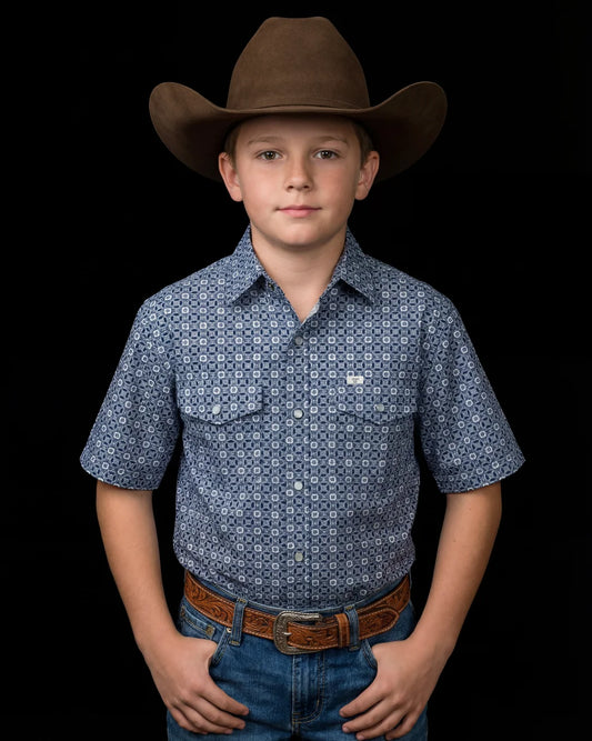 FERRELL KID'S EMERSON BLUE SHORT SLEEVE PEARL SNAP