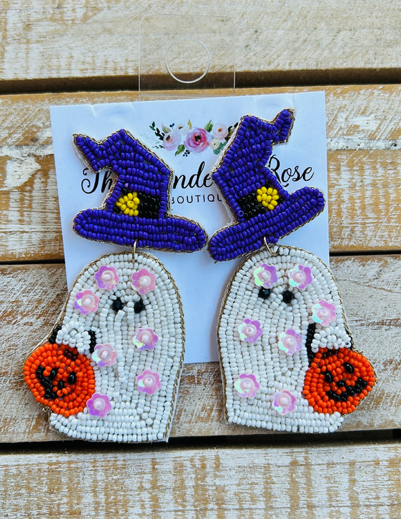 White Ghost with Purple Hat Earrings