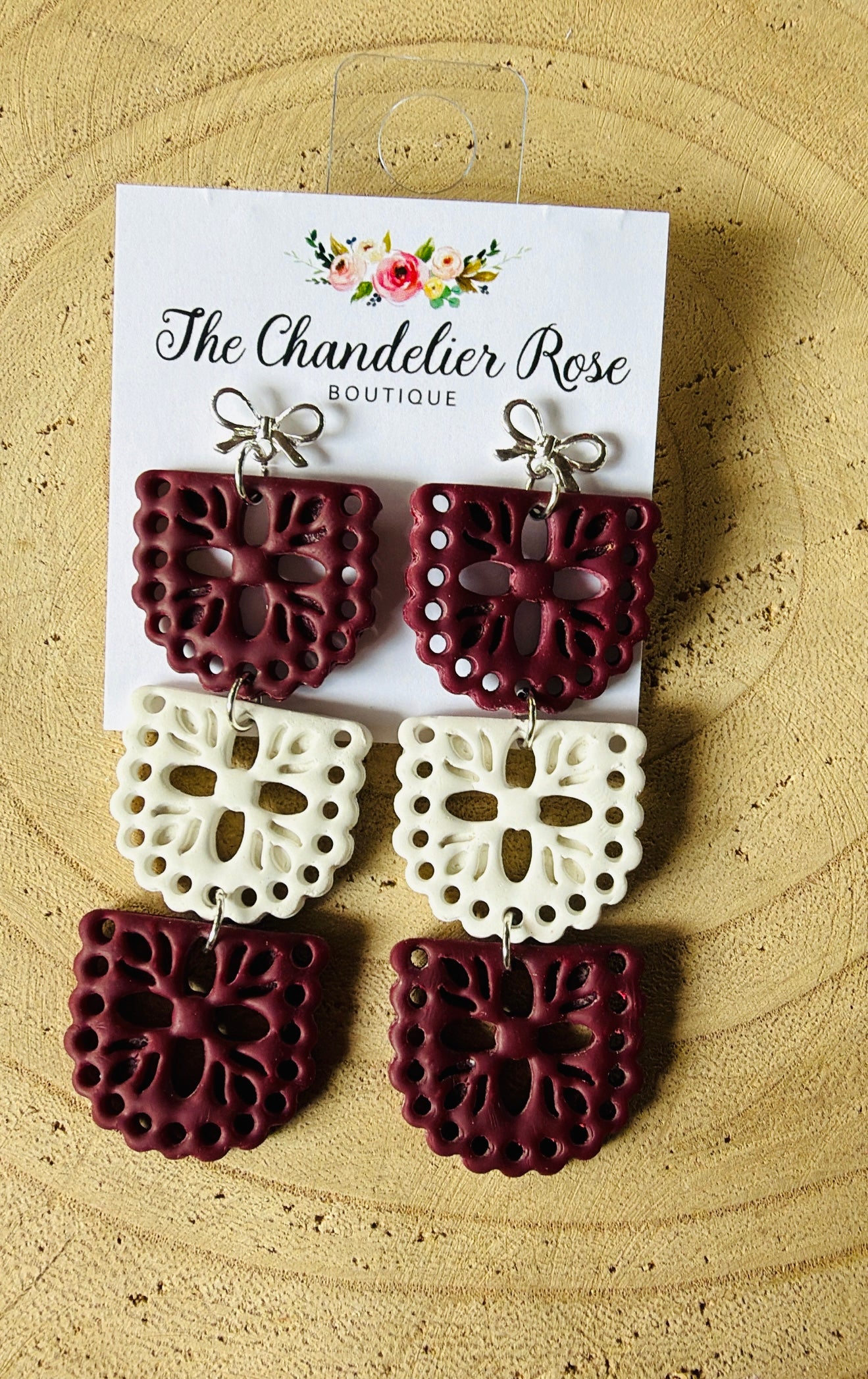 Maroon and White Papel Picado Earrings
